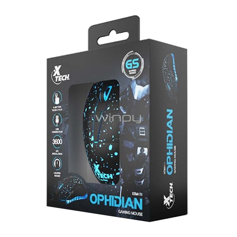 Mouse Gamer Xtech Ophidian (6 botones, 3.600dpi, LED Multicolor, Negro)