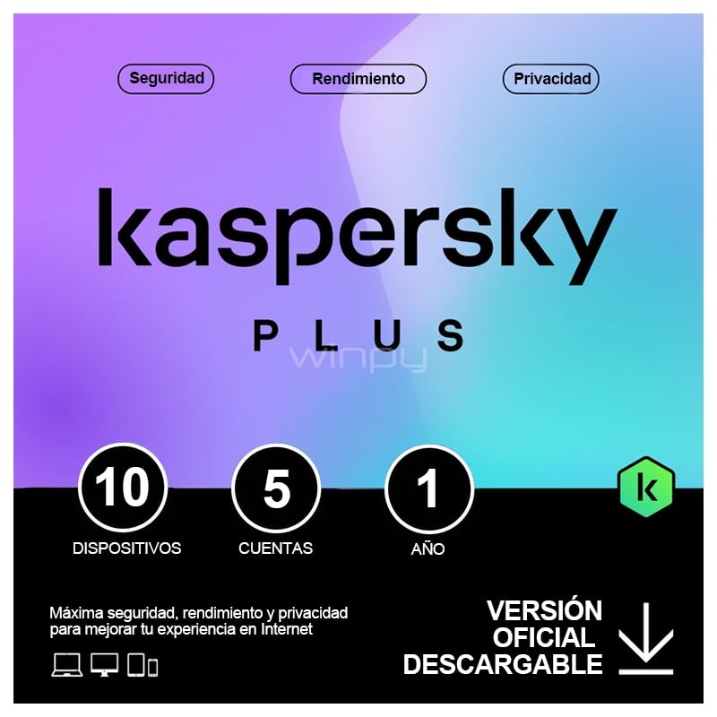 Licencia Antivirus Kaspersky Plus (10 Dispositivos, 5 Cuentas, 1 año, Descargable)
