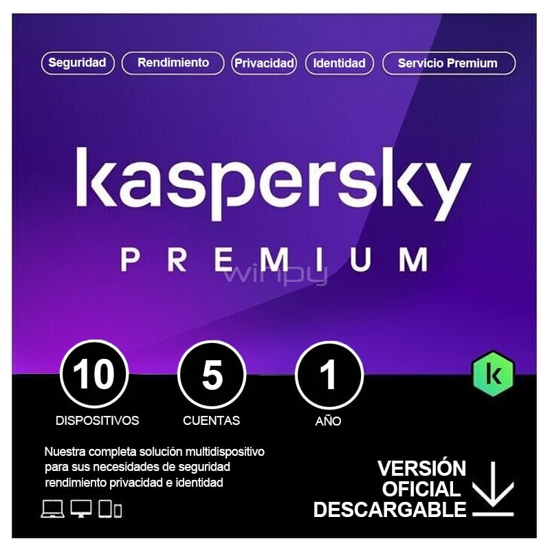 Licencia Antivirus Kaspersky Premium + Soporte (10 Dispositivos, 5 Cuentas, 1 año, Descargable)