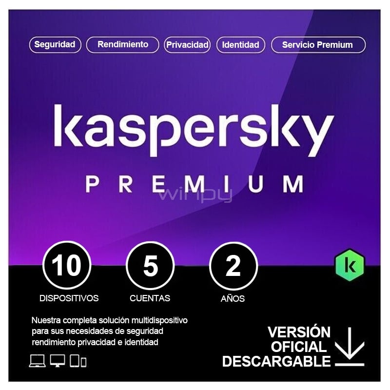 Licencia Antivirus Kaspersky Premium + Soporte (10 Dispositivos, 5 Cuentas, 2 años, Descargable)