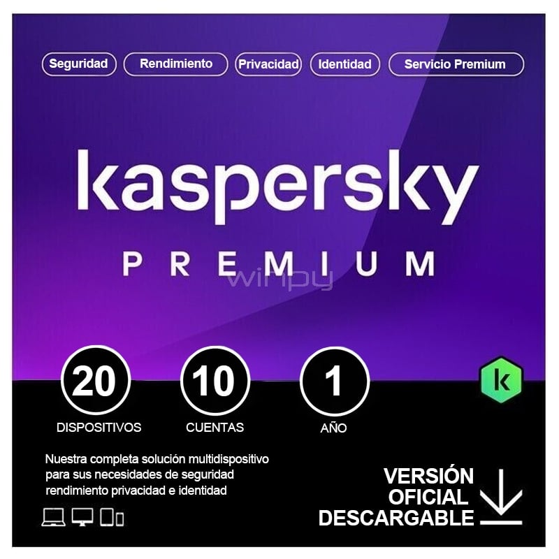 Licencia Antivirus Kaspersky Premium + Soporte (20 Dispositivos, 10 Cuentas, 1 año, Descargable)