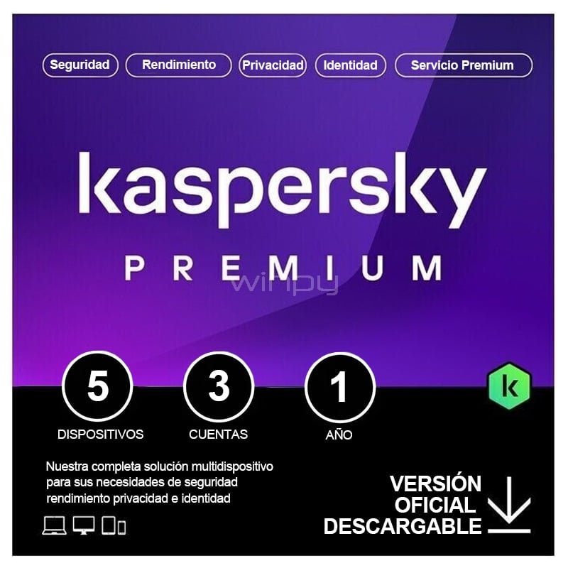 Licencia Antivirus Kaspersky Premium + Soporte (5 Dispositivos, 3 Cuentas, 1 año, Descargable)