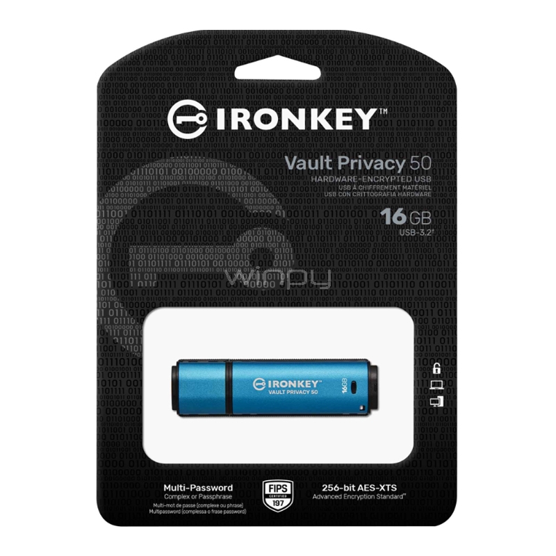 pendrive kingston ironkey vault privacy 50 de 16gb (usb 3.2, cifrado xts-aes, multi contraseña, ipx8)