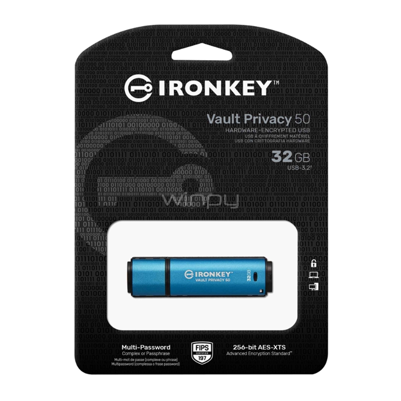 pendrive kingston ironkey vault privacy 50 de 32gb (usb 3.2, cifrado xts-aes, multi contraseña, ipx8)