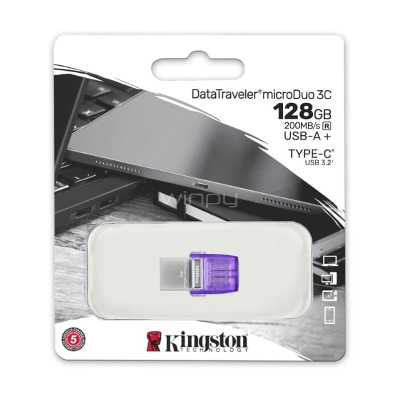 Pendrive Kingston DataTraveler microDuo 3C de 128GB (USB 3.2, USB-C, Morado)