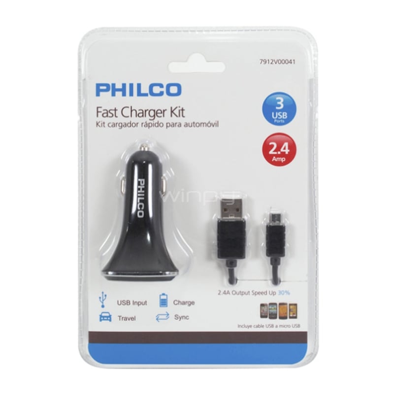 Cargador para Auto Philco 2.4 A (USB-A x3 , Negro)