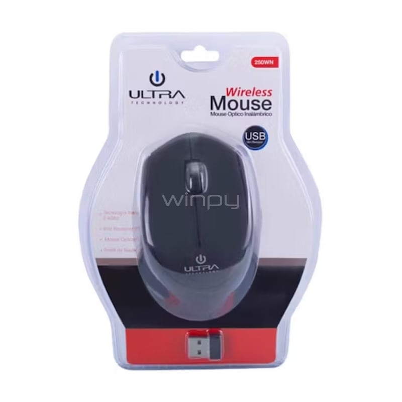 Mouse Inalámbrico Ultra 250WN (Dongle USB, Negro)