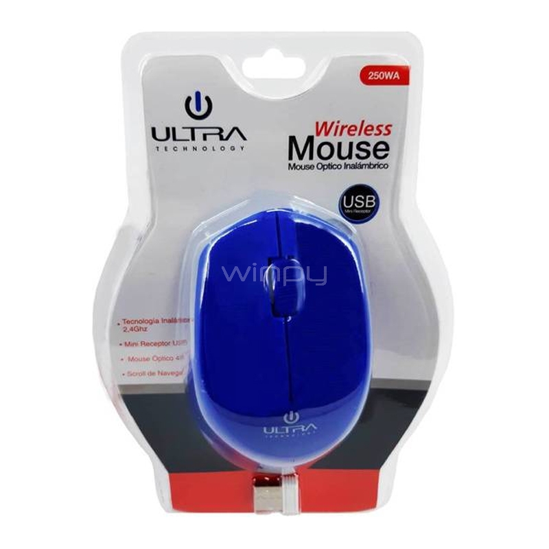 Mouse Inalámbrico Ultra 250WA (Dongle USB, Azul)