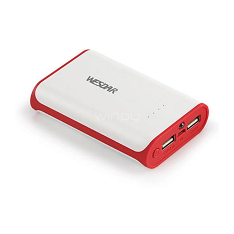 Batería Externa Wesdar S13 de 6.000 mAh (USB-A x2, Blanco/ Rojo)