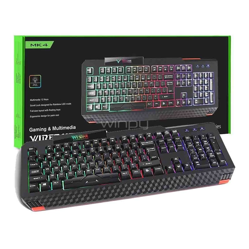 Teclado Gamer Wesdar MK4 (Led Multicolor, Inglés, Negro)