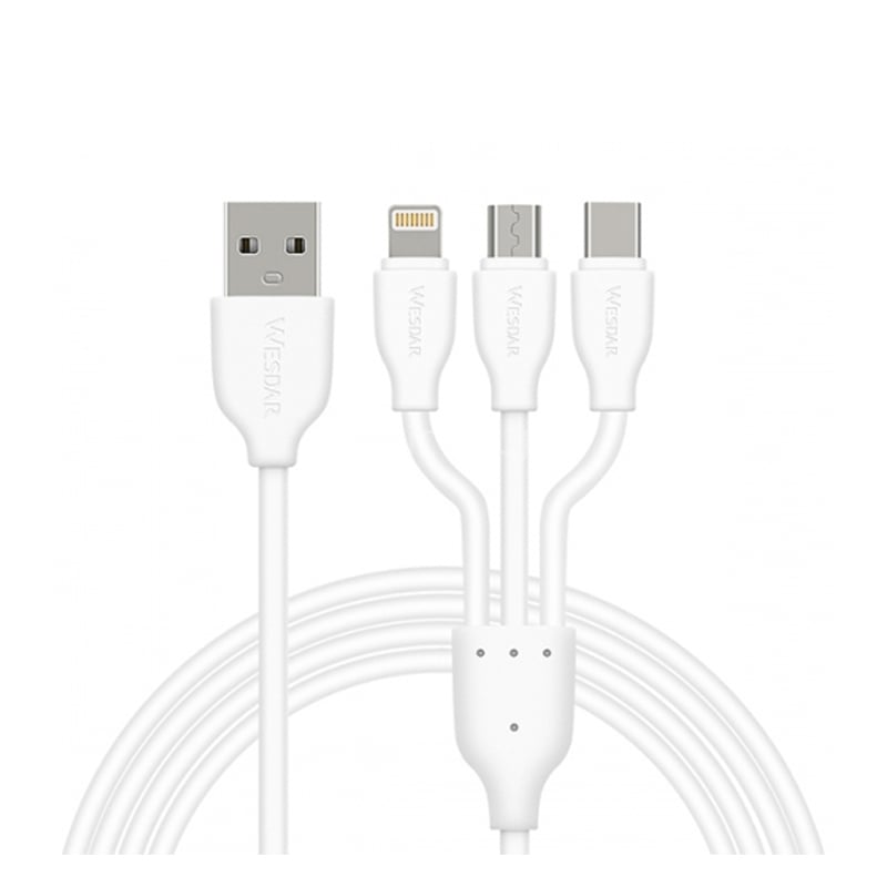 Cable Wesdar T39 de USB-A a USB-C/ Lightning/ microUSB (1 metro, Blanco)