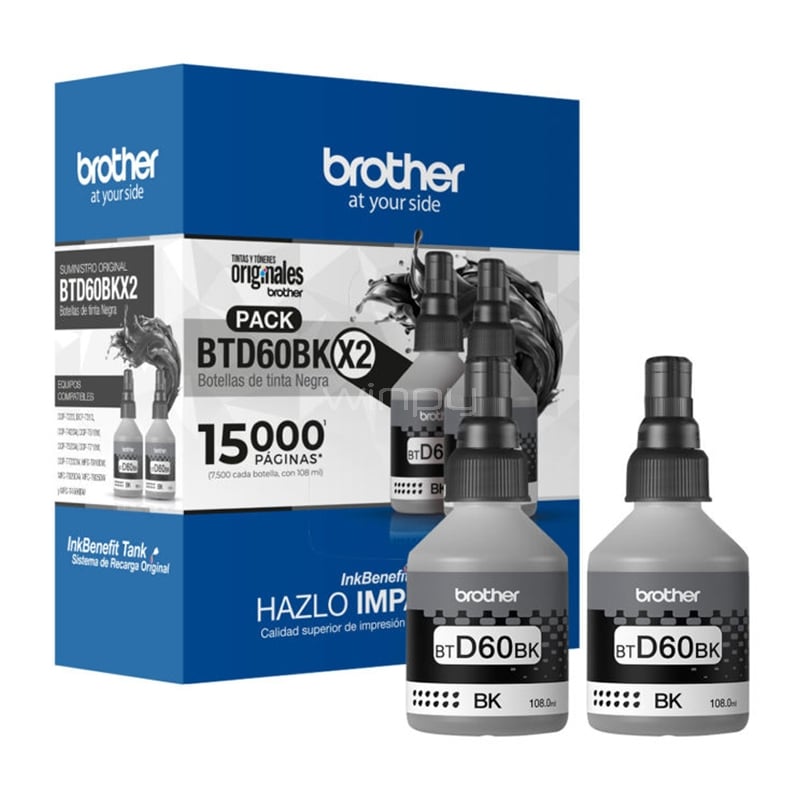 Pack de Botellas de Tinta Brother BTD60BK (2 unidades, hasta 15k Págs, Negro)
