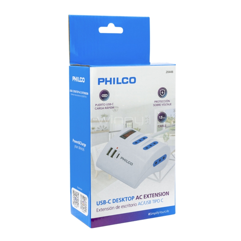 Extensión de Enchufes Philco de AC/USB (3 Tomas, 2 USB-A, 1 USB-C, Switch ON/OFF)