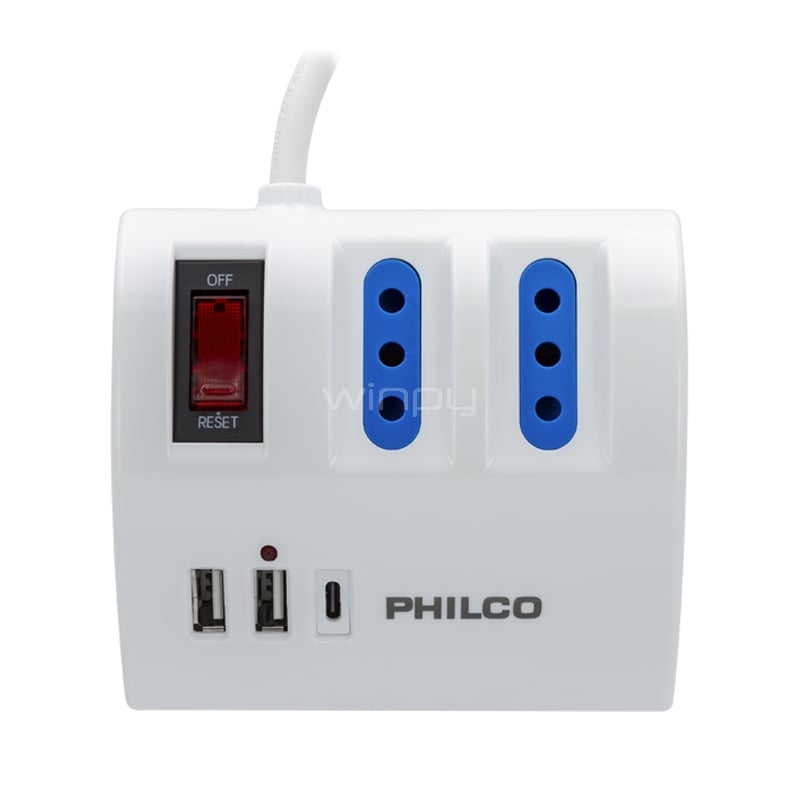 Extensión de Enchufes Philco de AC/USB (3 Tomas, 2 USB-A, 1 USB-C, Switch ON/OFF)
