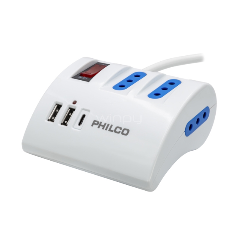 Extensión de Enchufes Philco de AC/USB (3 Tomas, 2 USB-A, 1 USB-C, Switch ON/OFF)