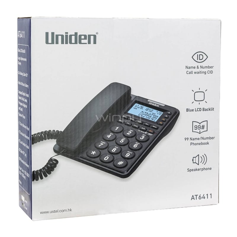 Teléfono Fijo Uniden 6411 Pantalla LCD (Identificación de llamadas, Altavoz, Negro)