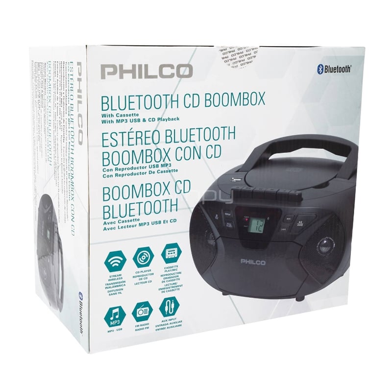Parlante Boombox Philco Bluetooth con Reproductor de Cd Casetera Mp3 USB  Radio FM Aux3.5mm - PHILCO