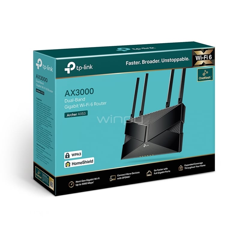 Router TP-Link Archer AX53 AX3000 (4 puertos LAN Gigabit, WiFi 6, 2.9 Gbps, OneMesh)