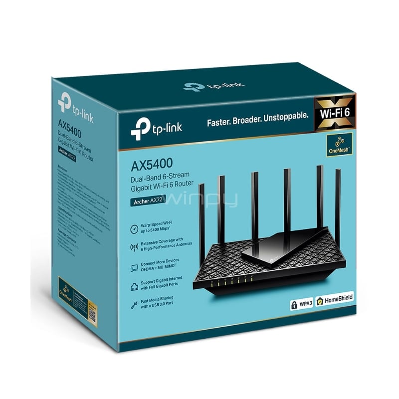 Router TP-Link Archer AX72 AX5400 (Wi-Fi 6, 1.2 Gbps, MU-MIMO, 6 × antenas fijas de alto rendimiento)