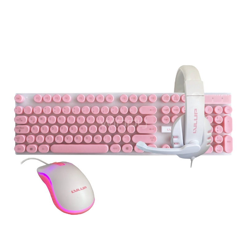 Kit Gamer LvlUp Teclado+Mouse+Audífonos (Español, USB, LED Multicolor, Rosado)