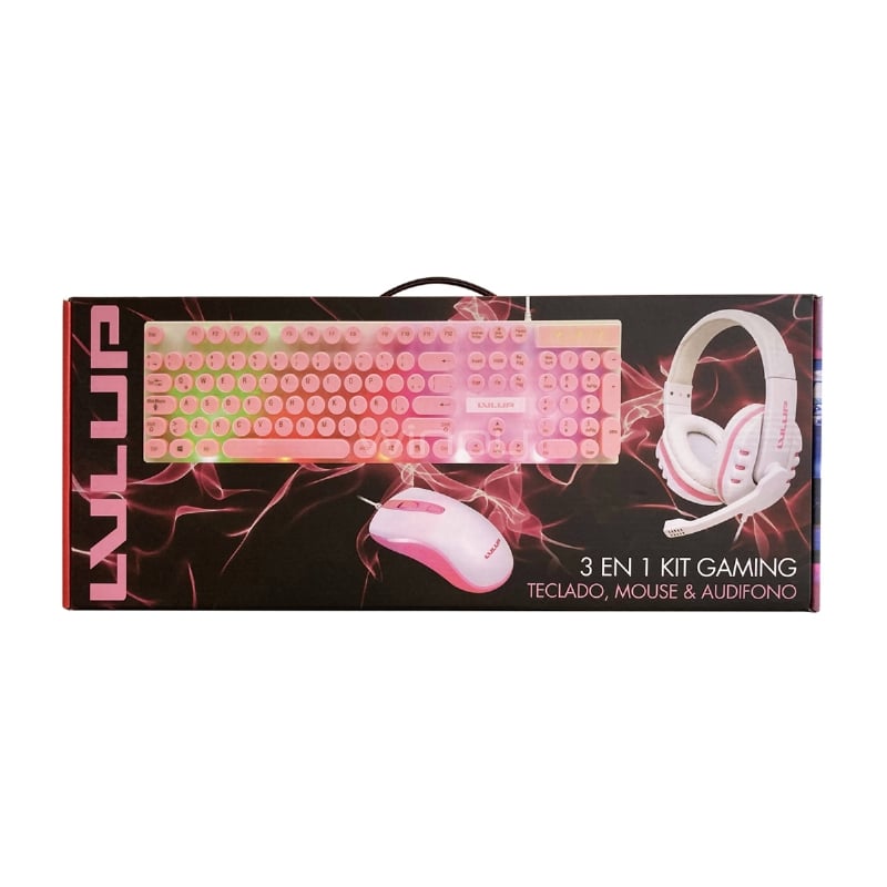Kit Gamer LvlUp Teclado+Mouse+Audífonos (Español, USB, LED Multicolor, Rosado)