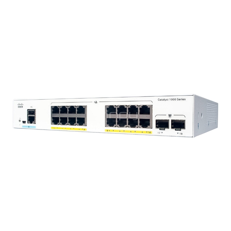 Switch Cisco Catalyst 1000 de 16 Puertos (Gestionado, L2, 36 Gbps, SFP, PoE+, 120W)