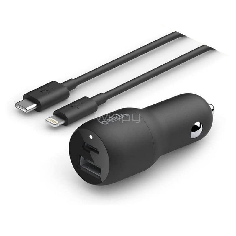 Cargador para Auto Belkin Dual Car PPS 37W + Cable USB-C a Lightning (Negro)