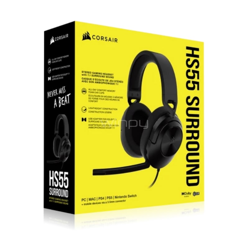 Audífonos Gamer Corsair HS55 Surround (Dolby Audio 7.1, USB/Jack, PC/PS5/Xbox, Negro)