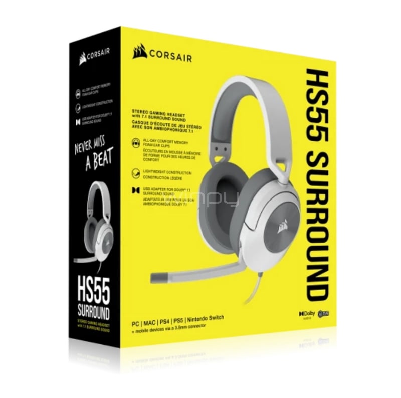 Audífonos Gamer Corsair HS55 Surround (Dolby Audio 7.1, USB/Jack 3.5mm, PC/ PS5/ Xbox, Blanco)