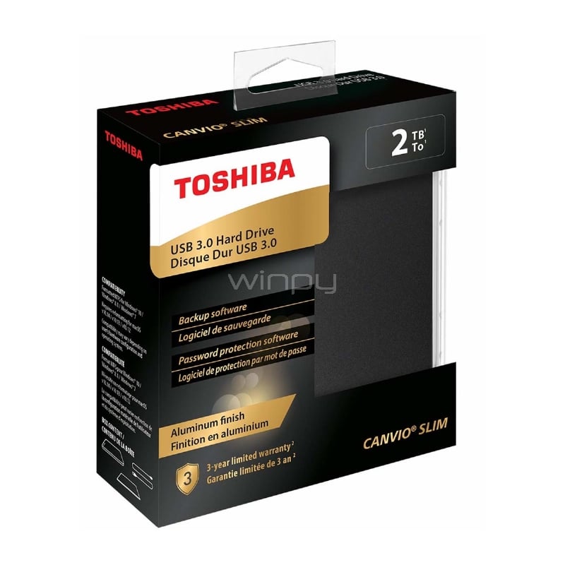 Disco Duro Externo Toshiba Canvio Slim de 2TB (USB 3.0, Micro-USB B, Negro)