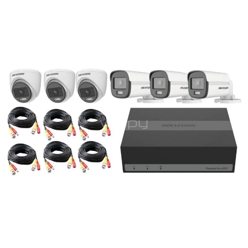 Kit Video Seguridad Hikvision DVR de 8 Canales+3 Cámaras Bullet+3 Cámaras Turret+SSD de 480GB