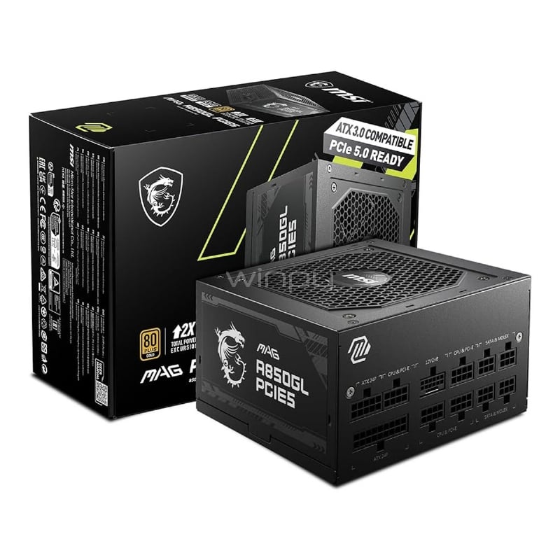 Fuente de Poder MSI MAG A850GL PCIE5 de 850W (Full Modular, Certificada 80+ Gold, ATX)