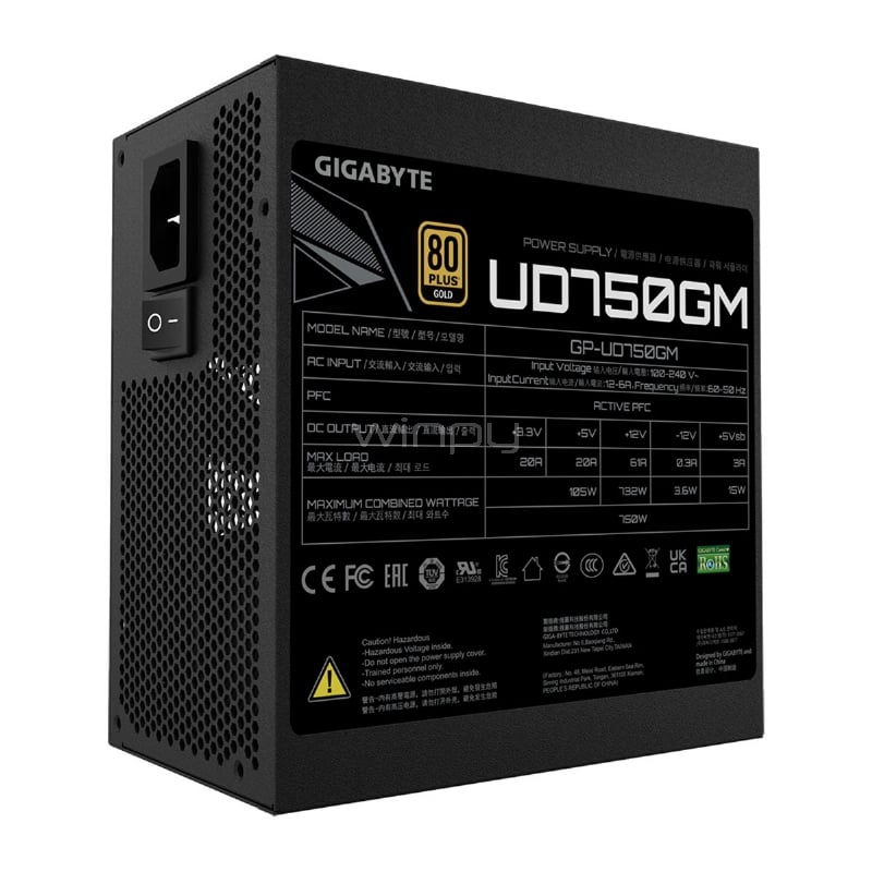 Fuente de Poder Gigabyte UD750GM de 750W (Full Modular, Certificada 80+ Gold, ATX)