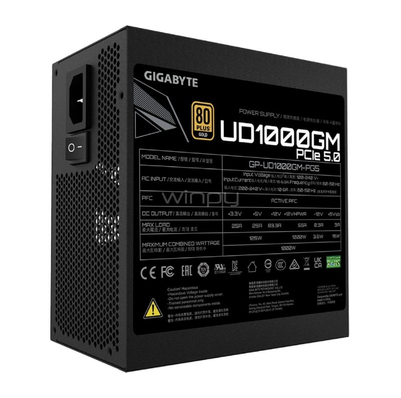 Fuente de Poder Gigabyte GP-UD1000GM PG5 de 1000W (Full Modular, Certificada 80+ Gold, ATX)