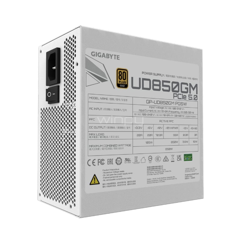 Fuente de Poder Gigabyte UD850GM PG5W de 850W (Full Modular, Certificación 80+ Gold, ATX)