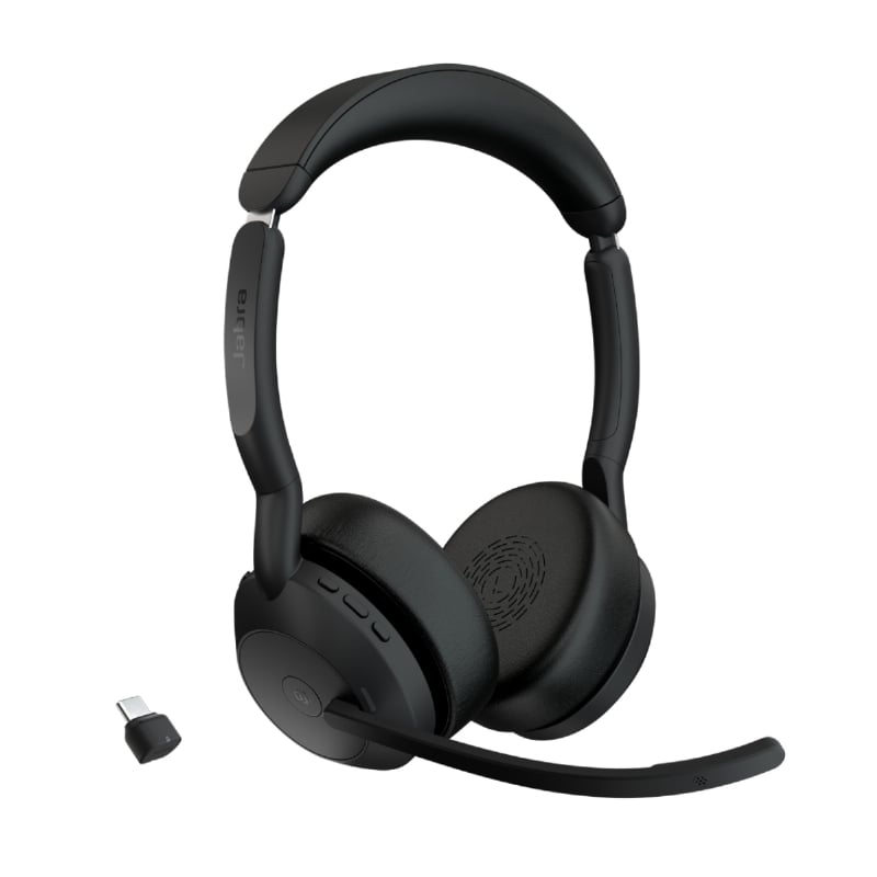 Audífonos Jabra Evolve2 55 con Base de Carga (SafeTone, Dongle USB-C, Negro)