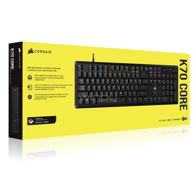 Teclado Mecánico Corsair K70 CORE RGB (Switch MLX Red, Español, Antighosting, Negro)