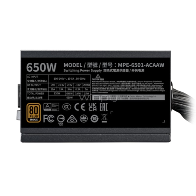 Fuente de Poder Cooler Master MWE Bronze 650 V3 de 650W  (Certificada 80+ Bronce, ATX)