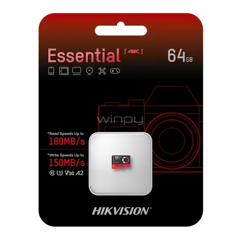 Tarjeta MicroSD Hikvision Essential de 64GB (Clase 10, V30, SDXC, hasta 180 MB/s)