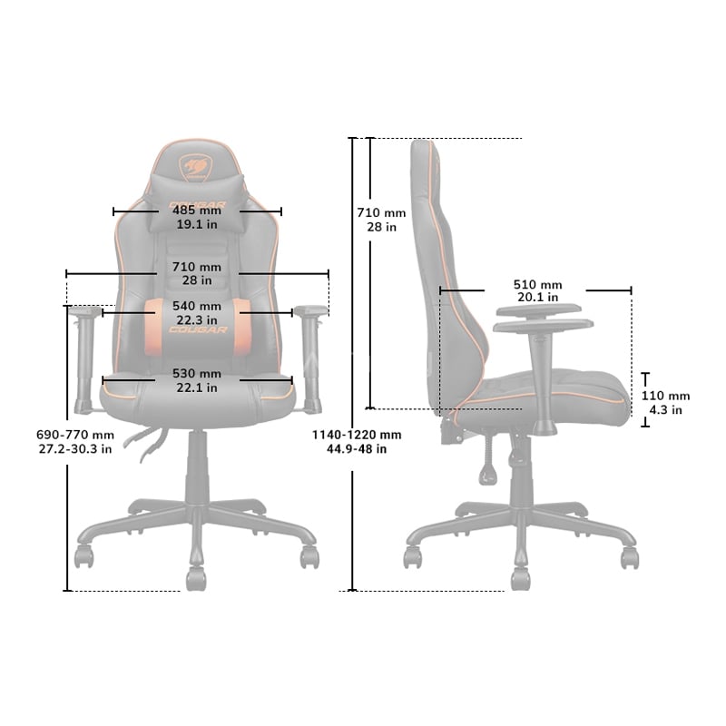 Silla Gamer Cougar Fusion S (Cojín Lumbar, Ajustable, hasta 120Kg, Negro/Naranjo)