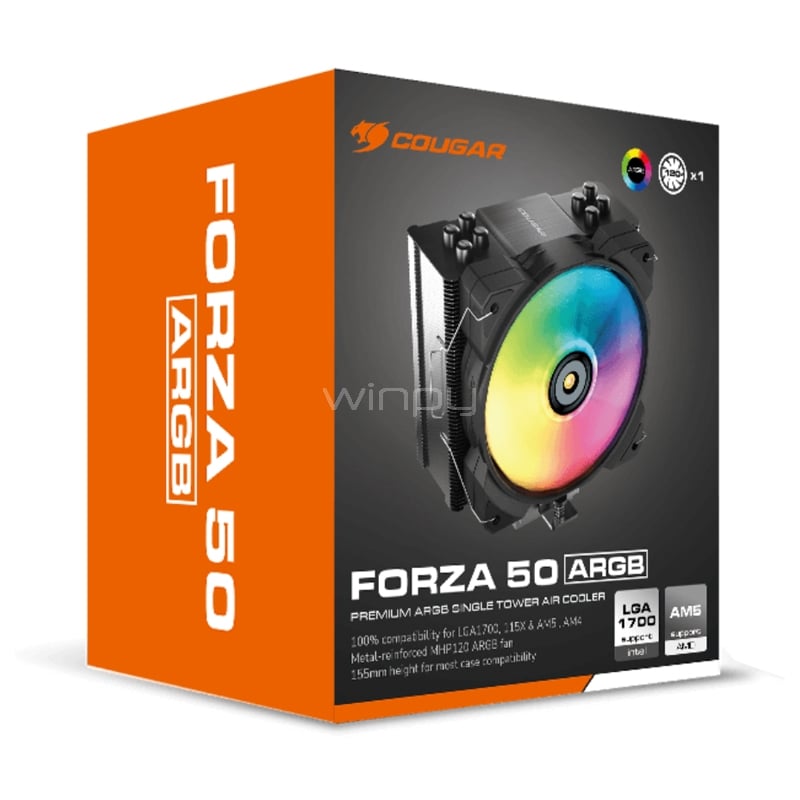 Disipador Cougar Forza 50 ARGB (LGA1700/AM5, 120mm, 2000rpm, PWM, Negro)