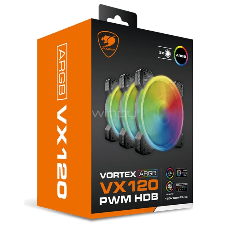 Kit Ventiladores Cougar Vortex ARGB VX120 (3 unidades, 120mm, PWM, 1500rpm)