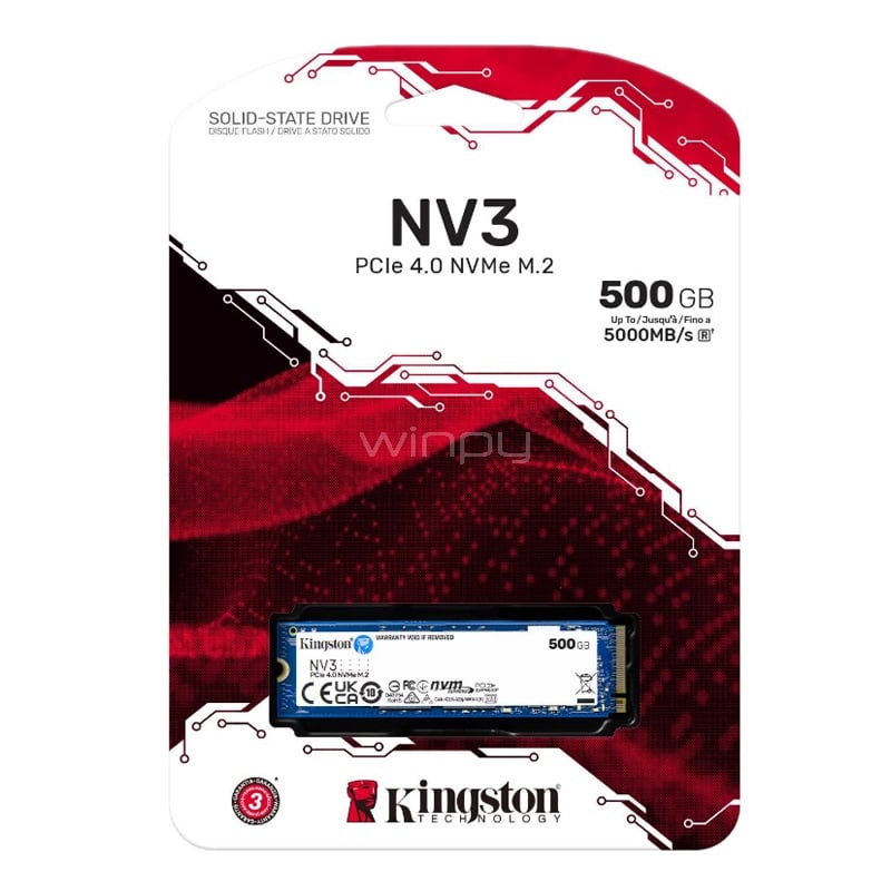 Unidad de Estado Sólido Kingston NV3 de 500GB (NVMe, PCIe 4.0, 5.000MB/s)
