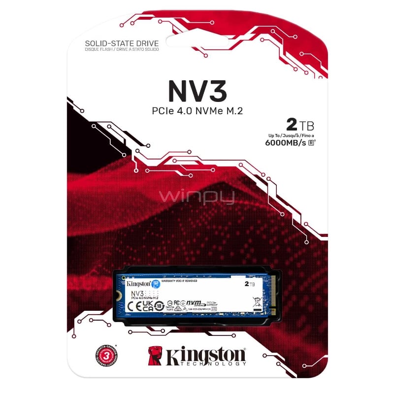 Unidad de Estado Sólido Kingston NV3 de 2TB (NVMe, PCIe 4.0, 6.000MB/s)