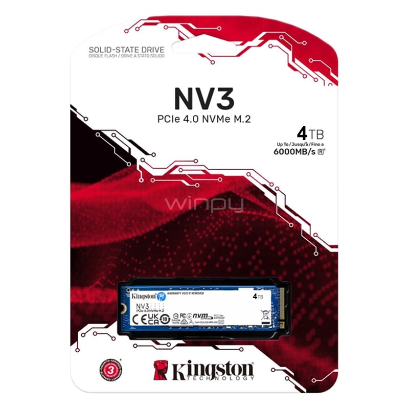 Unidad de Estado Sólido Kingston NV3 de 4TB (NVMe, PCIe 4.0, 6.000MB/s)