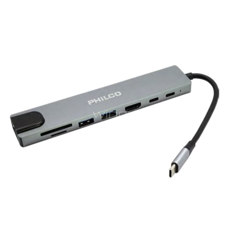 Adaptador Multipuerto HUB Philco USB-C (USB-A, USB-C, HDMI, DP, Ranura SD, Ethernet)