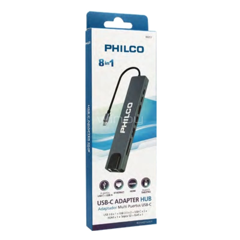Adaptador Multipuerto HUB Philco USB-C (USB-A, USB-C, HDMI, DP, Ranura SD, Ethernet)