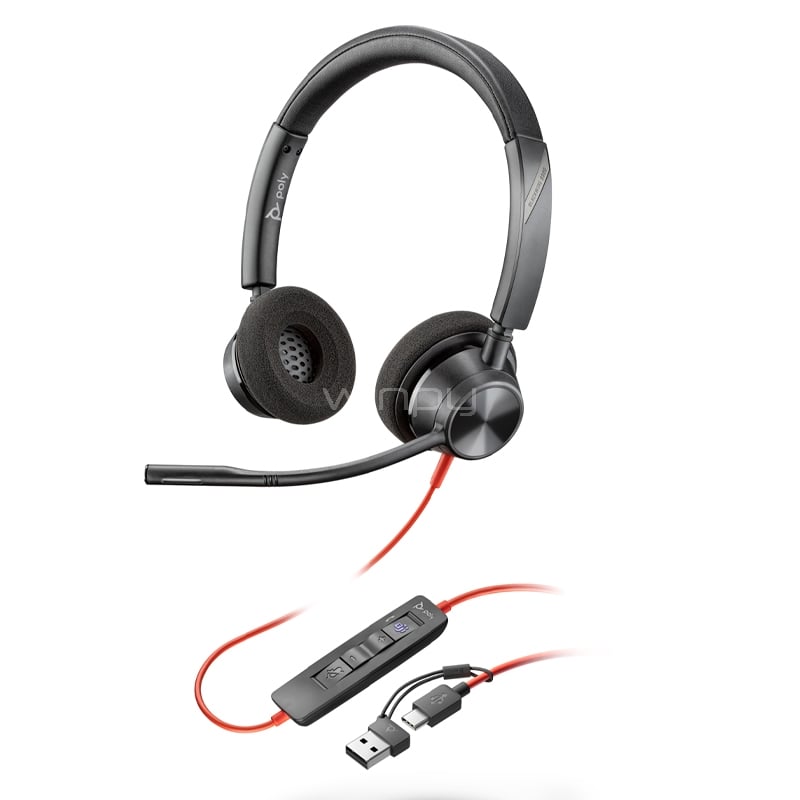 Audífonos Poly Blackwire 3320 (Certificación Ms Teams, USB-C, Adaptador USB-A)