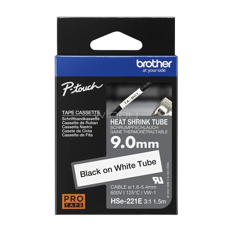 Cinta de Etiquetas Brother HSE-221E (9 mm, Negro sobre Blanco)