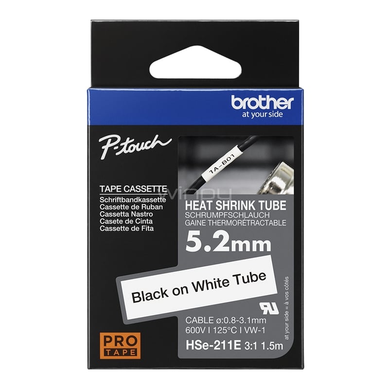 Cinta de Etiquetas Brother HSE-211E (29 mm x 15,2 m, Negro sobre Blanco)